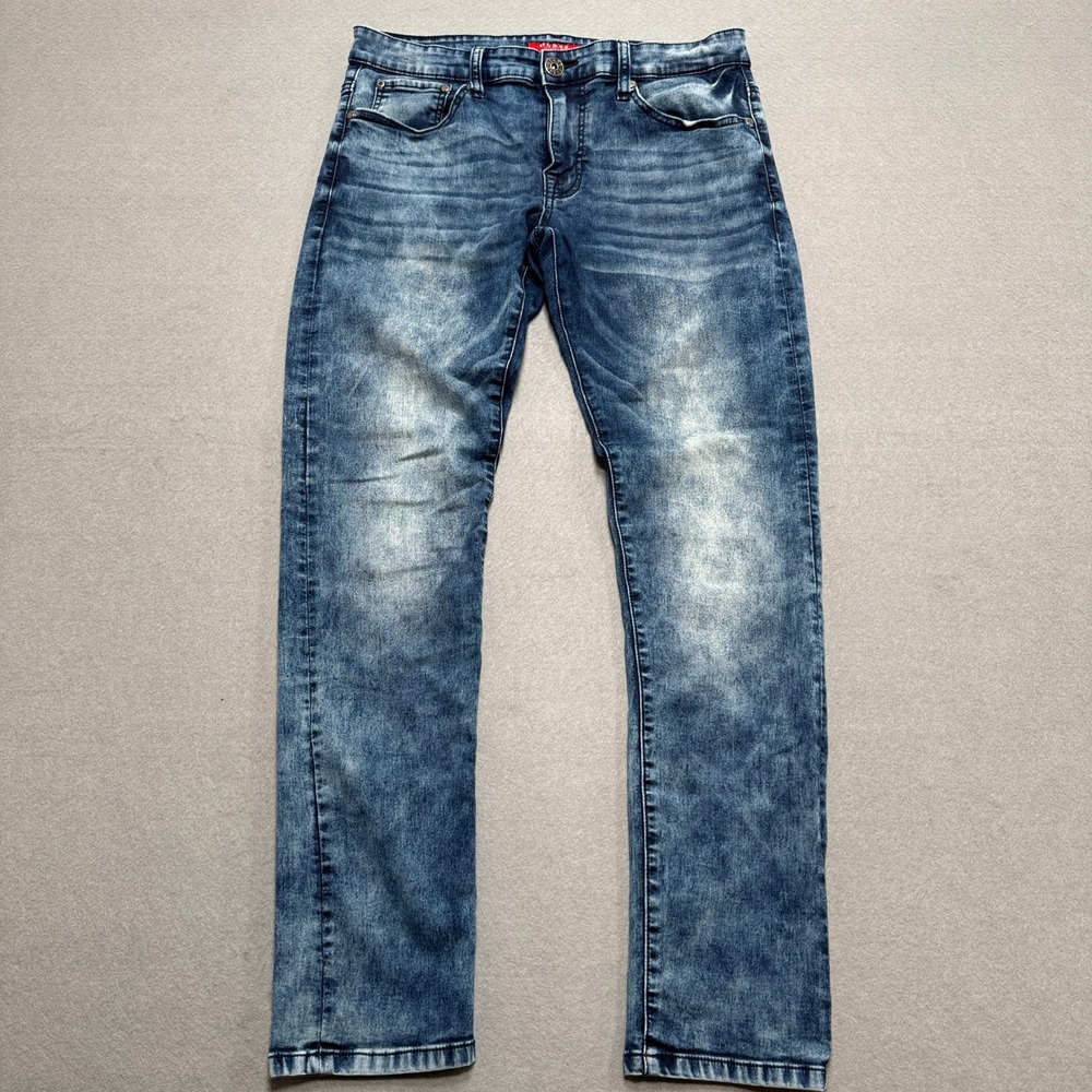 Guess Jeans Men's 32x30 Blue Acid Wash Slim Fit Straight Leg Whiskered Low Rise